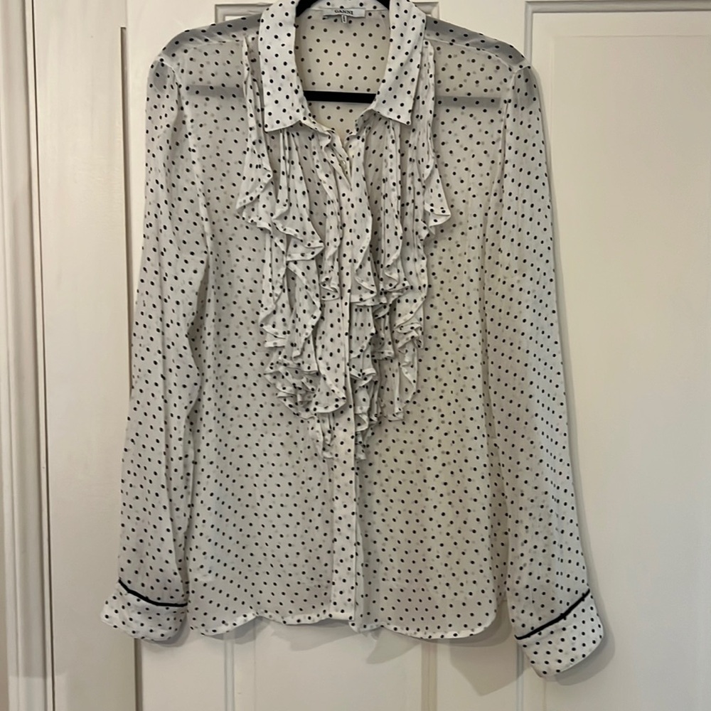 Ganni polka dot sheer blouse with ruffle. Like new worn once.